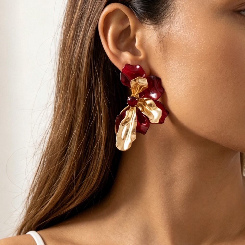 Women’s Floral Statement Earrings - Gold & Deep Red